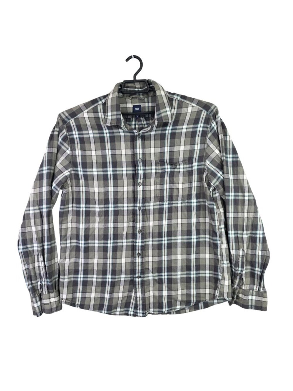 Mens Gap Gray & Green Plaid Button Up Shirt Long Sleeve Cotton Blend Size XL
